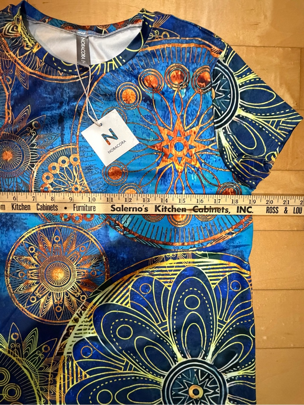 NWT Noracora Crew Neck Stretchy Jersey Floral Mandala  T Shirt Top  - Blue - M - Picture 5 of 8